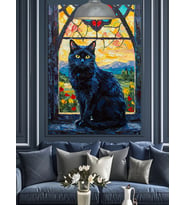 Vitray Camlı Penceredeki Siyah Kedi Dekoratif Kanvas - Mdf Ahşap Tablo