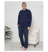 Pijamoni Erkek Battal Düğme Yaka Penye Uzun Kol  Pijama Takımı 6720/15 - 1 Adet (Lacivert)