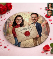 BK Gift Kişiye Özel Sevgili Karikatürlü Yuvarlak Puzzle 20x20cm -15, Sevgililer Günü Hediyesi, Sevgiliye Hediye