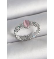 Mey İthalat® Pirinç Gümüş Renk Zirkon Taş Detaylı Pembe Mineli Damla Model Ayarlanabilir Kadın Yüzük