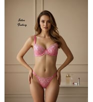 Pinky Flower Balenli Transparan Pembe Parlak Çiçek Desenli Sütyen Tanga Takım