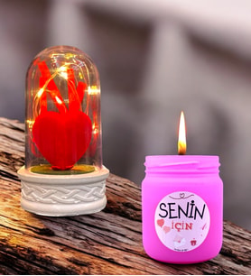 Led Işıklı Tasarım Fanus ve Mis Kokulu Pembe Cam Mum Hediye Seti (Model 7)