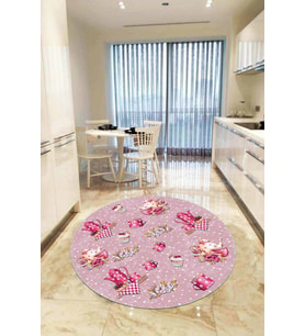 Pembe Kaymaz Çaydanlık Desenli Yuvarlak Mutfak Halısı AR440