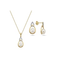 Zirkon Taşlı Damla İçinde Doğal İnci Küpe Kolye İkili Set (Sarı)