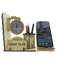 Kişiye Özel Saatli Masa İsimliği Ve Telefon Tutacağı