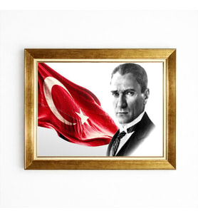 Tablore Atatürk Ve Türk Bayrağı Temalı Altın Çerçeveli Kanvas Tablo