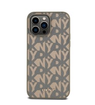 Apple iPhone 14 Pro Max Uyumlu Kılıf DKNY Orjinal Lisanslı M-safe Şarj Özellikli 3D Yazılı Grid Pattern Kapak (Kahverengi)