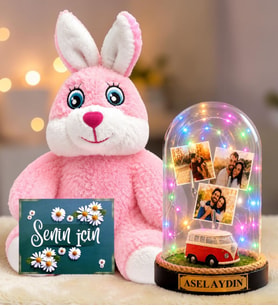 Kişiye Özel 3 Fotoğraflı Renkli LED Işıklı Fanus(vosvoslu) ve Sevimli Peluş Tavşan Sevgiliye Hediye Kadına Hediye