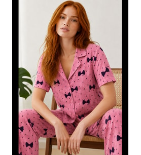 Night Kadın Kısa Kollu Desenli Pijama Takımı 4729