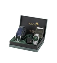 Polo Air Takvimli Hasır Metal Kordon Erkek Kol Saati, Mıknatıslı Otomatik Mekanizmalı Cüzdan, Örgü Kemer Ve Çakmaklı Set Gümüş Yeşil Lacivert Renk PL-7096E5