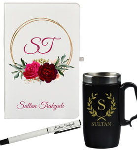 Çiçek Tasarımlı Anneye Hediye Kişiye Özel Defter Kalem Siyah Termos Mug Seti
