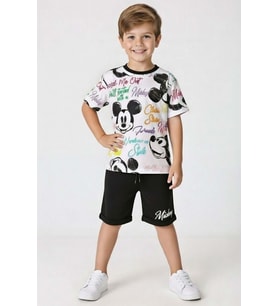 Erkek Çocuk Ayıcık Desen ve Renkli Yazılarla Penye T-Shirt Siyah Şortlu Takım