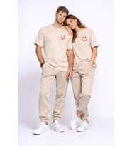 Sevgili Kombini Çift Tişört Oversize Unisex Uyumlu Çift Kombin 2'li Set (Bej)