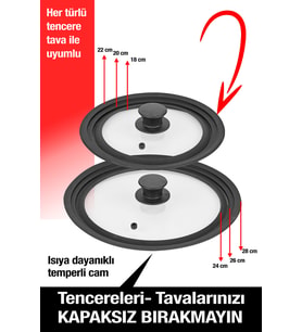 İki Parça Tencere ve Tava Kapak Seti, Silikon Kenarlı, Temperli Cam