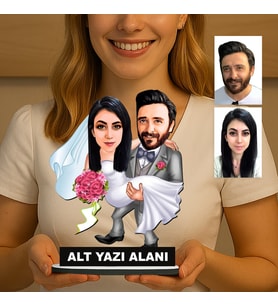 Kişiye Özel 2 Kişilik Gelin Damat Düğün Konseptli Sevgili Karikatürlü 18 cm MDF Masaüstü Biblo - Sevgiliye ve Eşe Hediye Çiftlere Özel Hediye