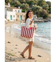 Faralya Life Kırmızı Çizgili %70 Pamuk %30 Polyester Plaj Çantası Kadın Omuz Çantası Büyük Boy Bez Tote Çanta Günlük Çanta