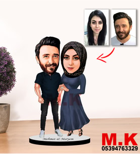Kisiye Özel Karikatür Tesettürlü Çift, Sevgili Biblo