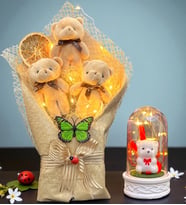 Led Işıklı Büyük Boy Peluş Ayıcık Buketi ve Led Işıklı Biblolu Fanus Hediye Seti (Model 7)