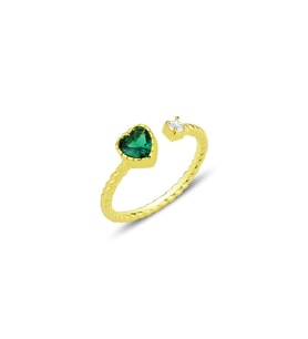 Gümüş altın yaldızlı yeşil taşlı kalp modeli ayarlamalı yüzük SGTL12178GOLD (Rose)