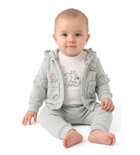 Unisex Ekru Su Yeşili Sincap Nakışlı Hırkalı 3'lü Takım