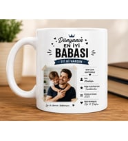 Kişiye Özel Fotoğraflı Baba Kupası İsimli Beyaz Seramik Kupa Bardak 330 ml Kahve ve Çay Kupası