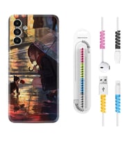 Samsung A23 A31 A32 A50 A51 A52 A53 A70 Kılıf Kablo Koruma Spiral Silikon Kız ve Kedi 1762