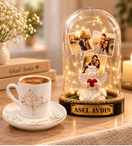 Kişiye Özel 3 Fotoğraflı Yazılı LED Işıklı Beyaz Melekli Fanus ve Hayat Ağacı Porselen Kahve Fincanı