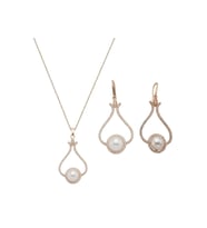 Lale Taşlı Doğal İnci Küpe Kolye İkili Set (Rose)