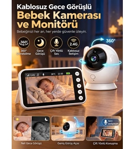 Monitörlü Bebek Kamerası Full HD 360° PTZ 2.4GHz Gece Görüşlü Kablosuz Bebek Telsizi İnterkom