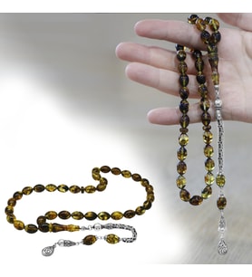 Damla Kehribar Tesbih - 925 Ayar Kral Zincir Püsküllü - Hareli Sarı Renk - Arpa Kesim