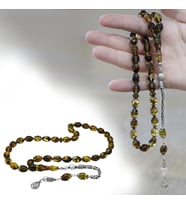 Damla Kehribar Tesbih - 925 Ayar Kral Zincir Püsküllü - Hareli Sarı Renk - Arpa Kesim
