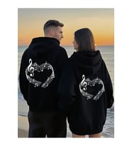 Sevgili Çift Kombin Hoodie Notalı Kalp Baskılı Oversize Kapüşonlu Sweatshirt 2’li Set Unisex 3 İplik (Siyah)