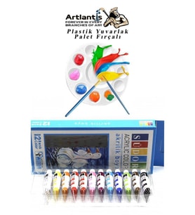 Akrilik Boya 12 Renk Tüp 9ml*12 Südor Akrilik Boya 12 li 1 Paket ve Yuvarlak Resim Paleti Fırçalı 1 Paket 10 Hazneli Boya Paleti Sanatsal Boyalar İçin Palet Akrilik Boya (Karışık)