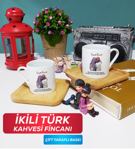 İkili Arkadaşa Hediye Yan Yana Türk Kahvesi Fincanı Ahşap Altlıklı