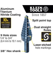 Klein Tools Ktsb03 Kademeli Matkap Ucu - Yüksek Hız Çeliği - 2 Oluklu - Alüminyum Titanyum Nitrür Ka