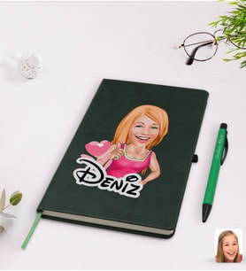 BK Gift Kişiye Özel Kadın Karikatürlü Yeşil Termo Deri Defter Kalem Seti Model 49