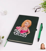 BK Gift Kişiye Özel Kadın Karikatürlü Yeşil Termo Deri Defter Kalem Seti Model 49