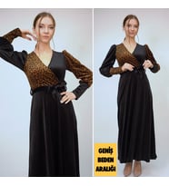 Kadın Leopar Detaylı İthal Kadife Kumaş Kuşaklı Maxi Elbise