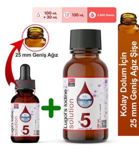 Lugol Çözeltisi %5  130 mL  Kolayca Doldur Sınırsız Kullan (Lügol Cam Damlalıklı Geniş Ağız Şişe,Pharma Grade)