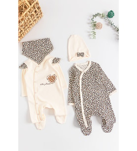 Leopar Desenli 2'li Uzun Kollu Kız Bebek Tulum Takım (Bej)