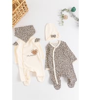 Leopar Desenli 2'li Uzun Kollu Kız Bebek Tulum Takım (Bej)