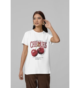 Unisex Erkek/Kadın CHERRIES Özel Baskılı Oversize Pamuklu Bisiklet Yaka T-Shirt (Beyaz)