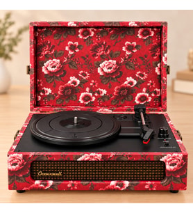 Crownwell Çiçek Desenli Bluetooth Turntable Pikap Vintage Bavul Tipi