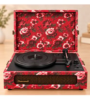 Crownwell Çiçek Desenli Bluetooth Turntable Pikap Vintage Bavul Tipi