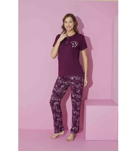 Kadın Bisiklet Yaka Viskon Kısa Kol Cepli Pijama Takımı (Mürdüm)