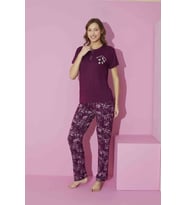 Kadın Bisiklet Yaka Viskon Kısa Kol Cepli Pijama Takımı (Mürdüm)