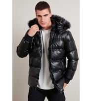 Buratti Parlak Görünümlü Yakası Tüylü Slim Fit Şişme Mont Erkek MONT 5711260 (Siyah)