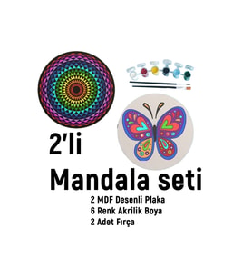 2'li Mandala Boyama Seti- Okul-aile Etkinliği-2 Ham Mdf Plaka, 6 Renk Boya,2 Fırça Model-20
