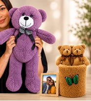 Kişiye Özel Fotoğraflı Büyük Boy Mor Peluş Ayıcık ve Peluş Saksıda Ayıcık Buketi Sevgiliye Hediye Seti
