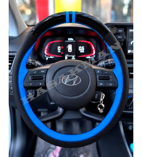 Hyundai i10 Dikme Direksiyon Kılıfı Parlak Siyah Mavi Detaylı Mavi Çift Yüzük ve Dikiş 2020-2026